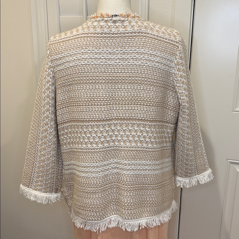 Chico’s Textured Cotton Knit Fringe Cardigan Sweater Beige & White 1/US8 - Picture 8 of 11